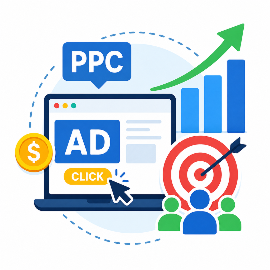 Online advertising icon with target and growth graph representing Google Ads.