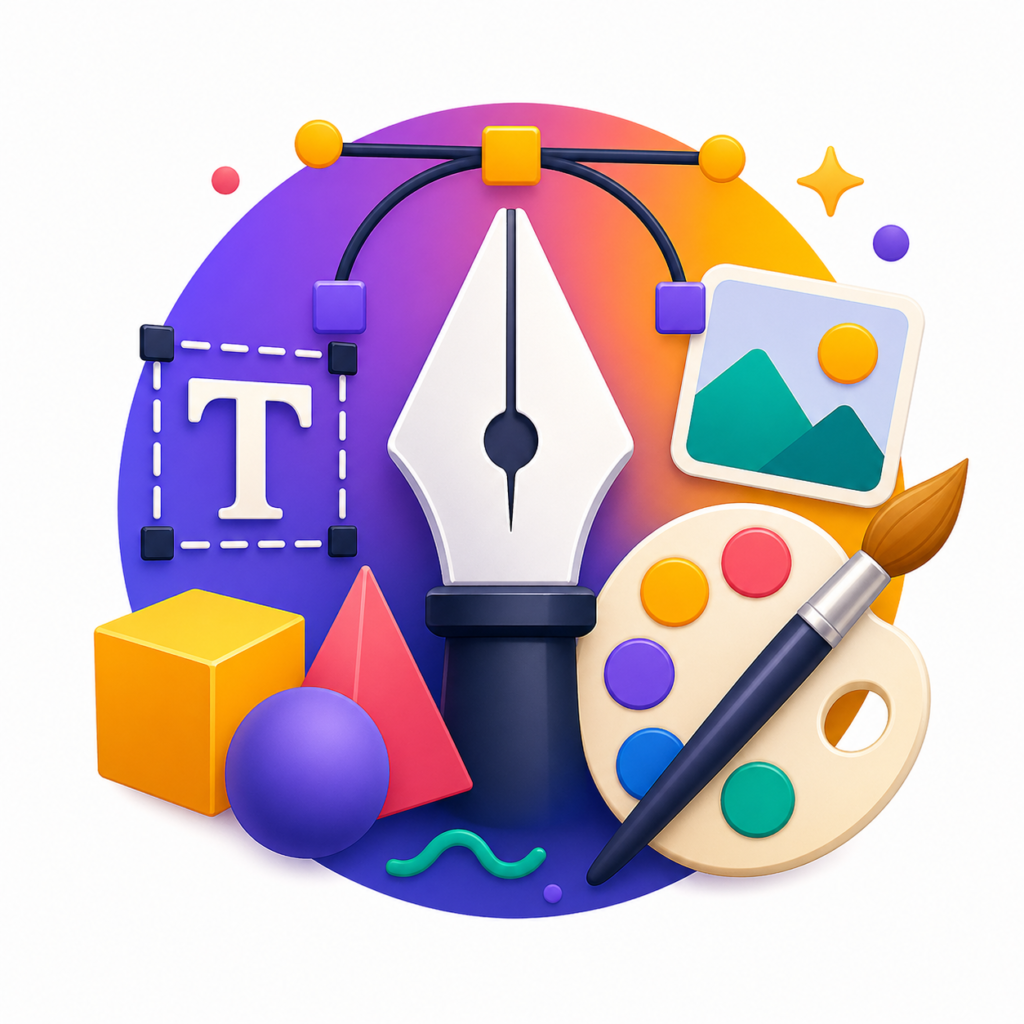 Graphic design icon with pen tool and color palette elements