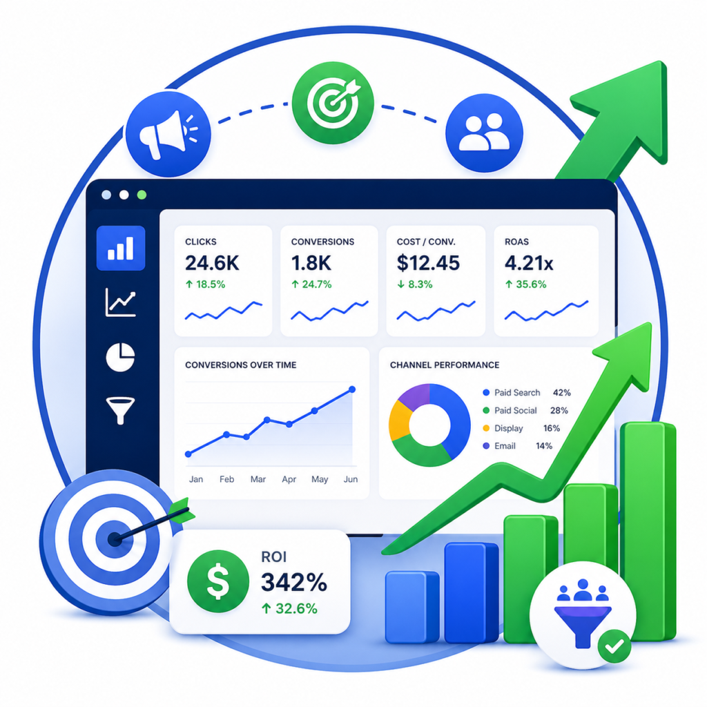 Performance marketing icon with analytics dashboard and growth arrows
