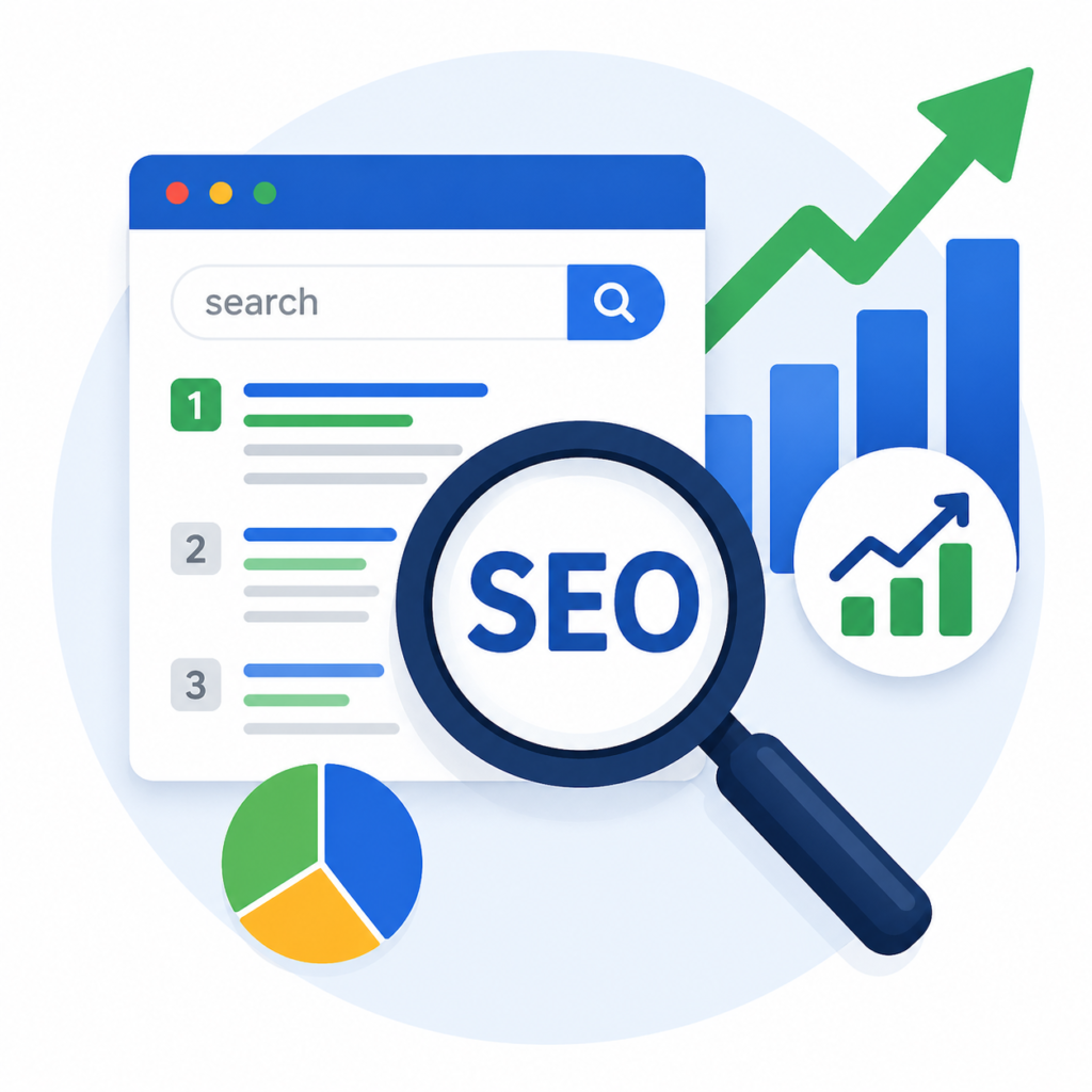 SEO icon with magnifying glass and website ranking growth graph