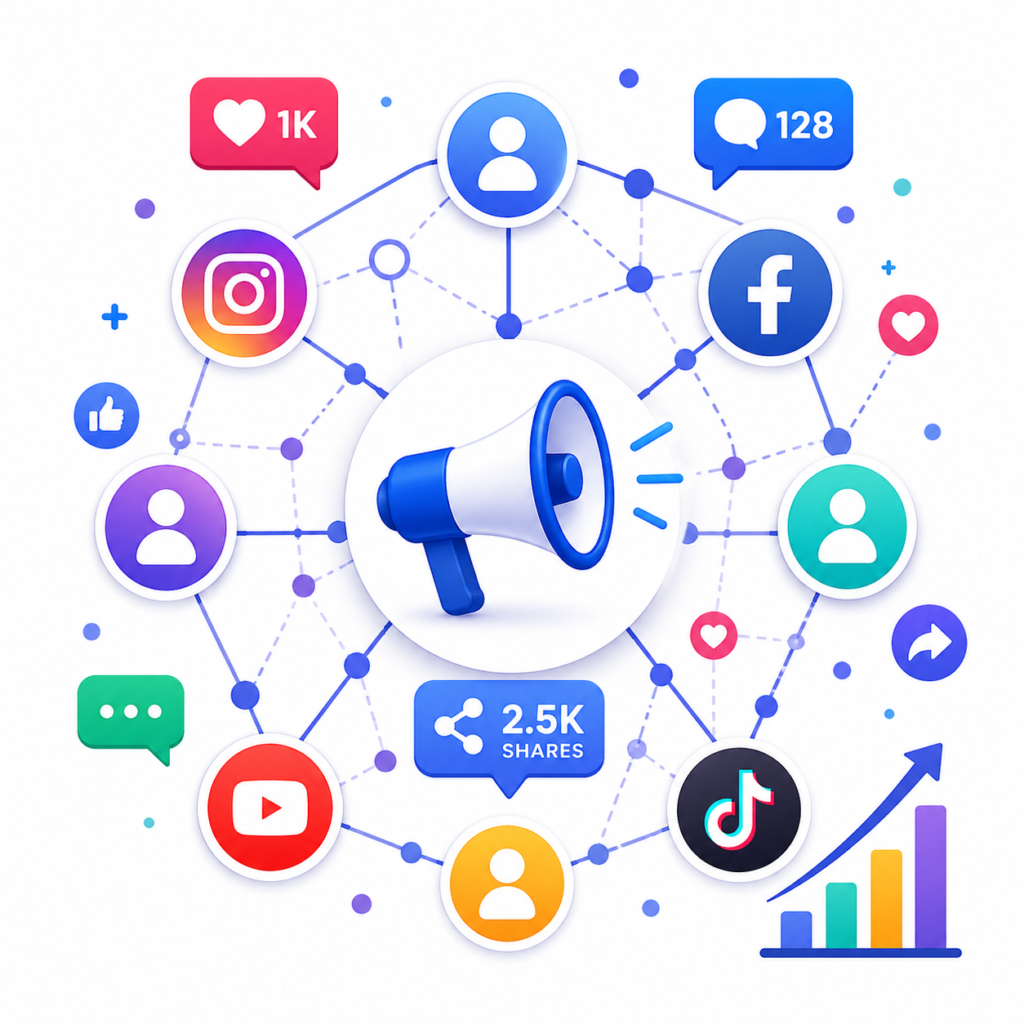 Social media marketing icon with network connections and engagement symbols